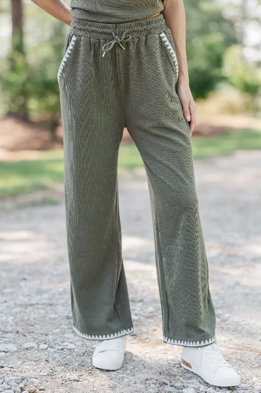 All Worth It Olive Green Embroidered Pants