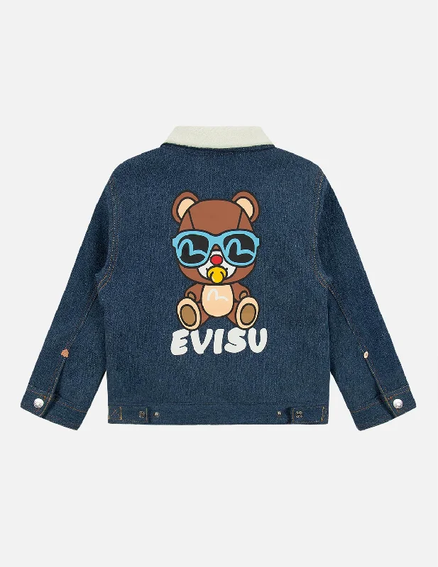 Bear Print Fleece Lined Denim Jacket