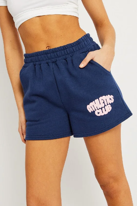 Blue Track Shorts High Rise Elastic Waist