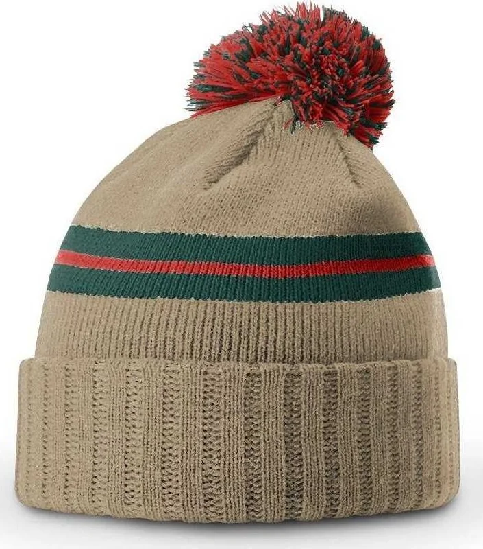 Richardson 135 Short Pom Beanies - Tan Dark Green Deep Red